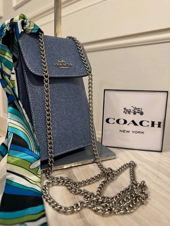 Coach Bag North South Light Denim Blue Leather Crossbody Phone Pouch with Chain