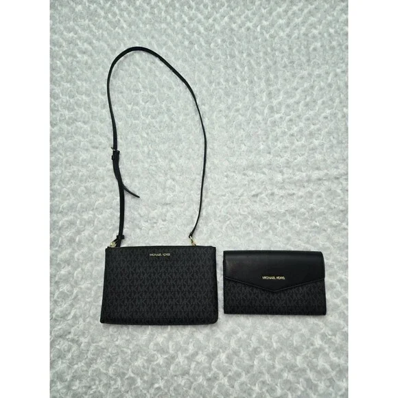 Michael Kors Black Logo Crossbody Bag Adjustable Strap Wallet Set for Women