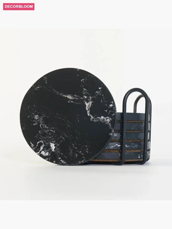 Set of 6 Round Drink Coasters with Metal Holder and Cork Base