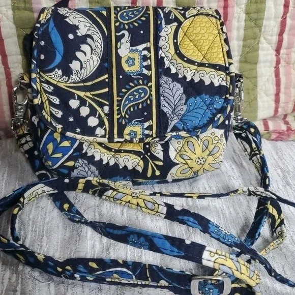 Vera Bradley Small Mini Frannie Crossbody Women Navy Yellow Elephant Paisley