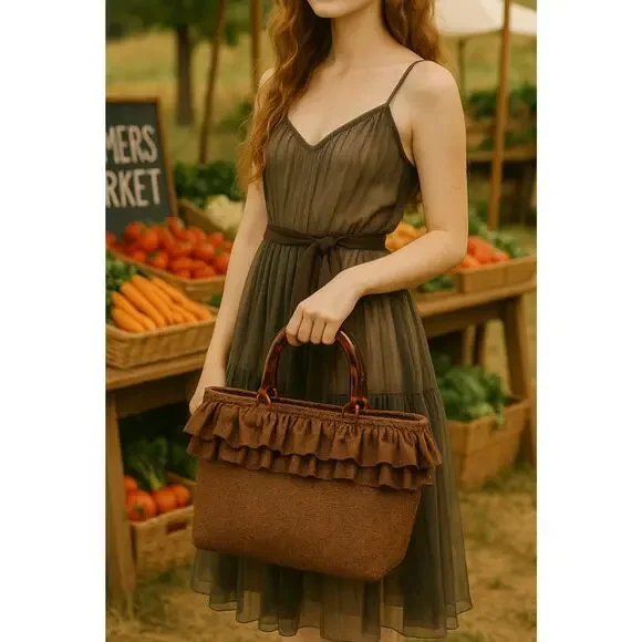 Vintage Beryl's Belts Brown Ruffled To Market Handbag Cottage Core Grandma Vibe‎