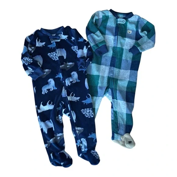 Carters Baby Boy 9M Fleece Footed Pajamas 2 Pack Plaid Arctic Animal Sleepers