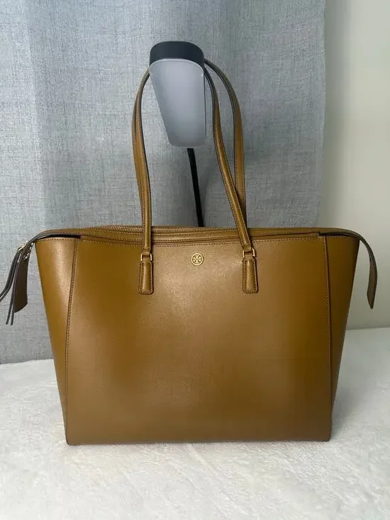 Tory Burch Robinson Large Leather Tote Bag Bistro Brown Work Career Classic EUC