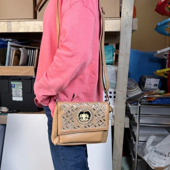 Betty Boop Crossbody‎ Purse Tan Embellished Flap Bag