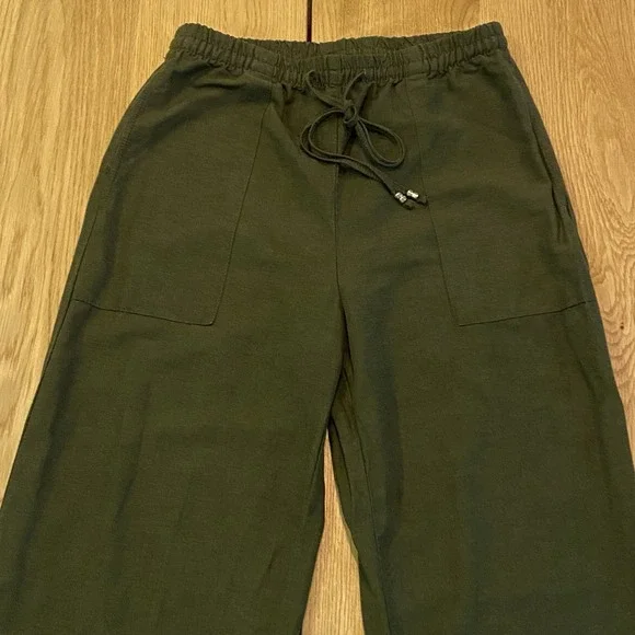 H&M LINEN-BLEND PULL-ON TROUSERS‎ Baggy Cinch Ankle Pants Women's XS Army Green