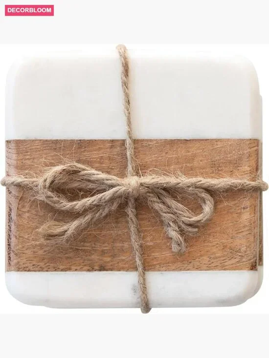 Marble & Acacia Wood Coasters Set of 4 Square Drink Coasters