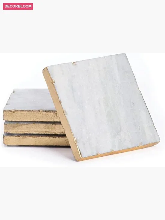 Set of 4 Square Marble Coasters with Gold Edges
