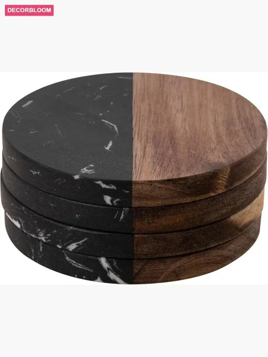 Set of 4 Acacia Wood and Marble Coasters, 3.9 inch, for Drinks