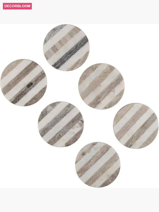 Set of 6 Handcrafted Marble Round Coasters with Striped Inlay