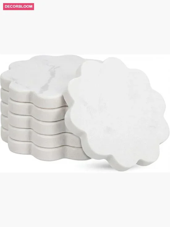 6 Piece Natural Marble Coaster Set - Scalloped Square Stone Drink Coasters