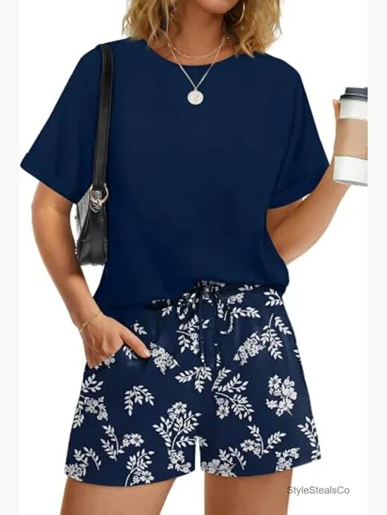 Two Piece Short Sleeve Crew Neck Lounge Matching Set Shorts for Women