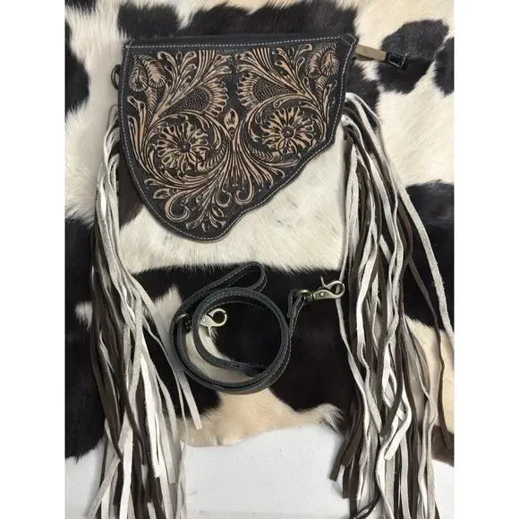 Myra Cow Hide Tooled Leather Conceal Carry Crossbody Floral Handbag Pocketbook