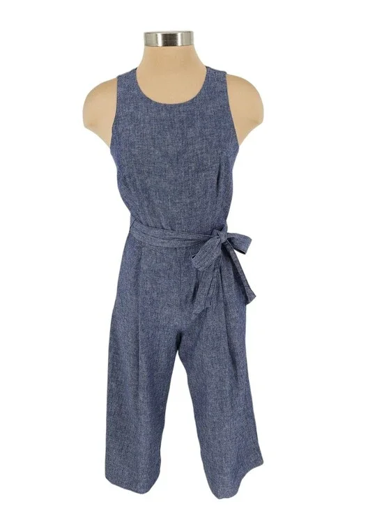 Banana Republic Pleated Wide Leg Jumpsuit Linen Blue Sleeveless Cropped Romper 4