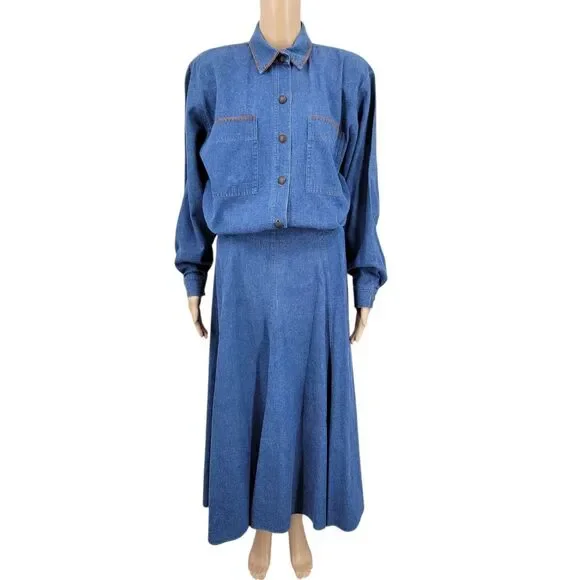 Vintage Denim Button-Up Shirt and Maxi Skirt Matching Set Western Cowgirl