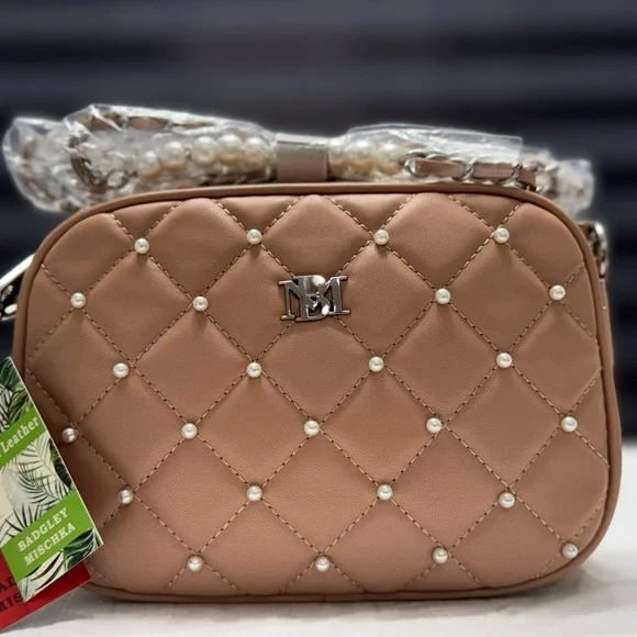 Badgley Mischka Elegant Quilted Pearl-Studded Crossbody Bag - Beige