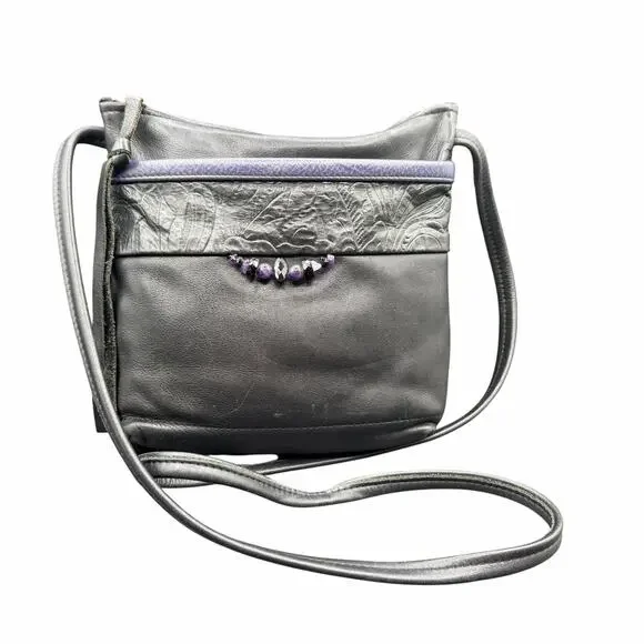 Handmade Black Leather Crossbody Bag Purple Beaded Accent