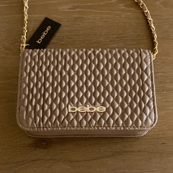 bebe Quilted Taupe Crossbody Bag with Gold Chain