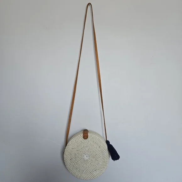 White Woven Crossbody Bag with Tan Strap