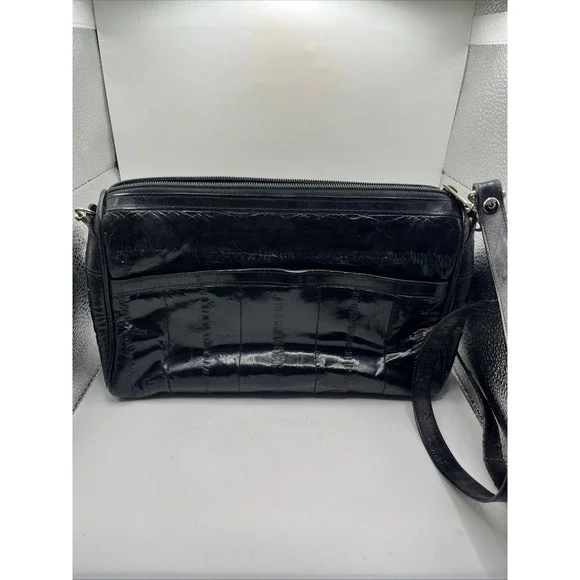 SLNCO Genuine Eel‎ Skin Shoulder Bag Black Zipper Pockets Made in Korea