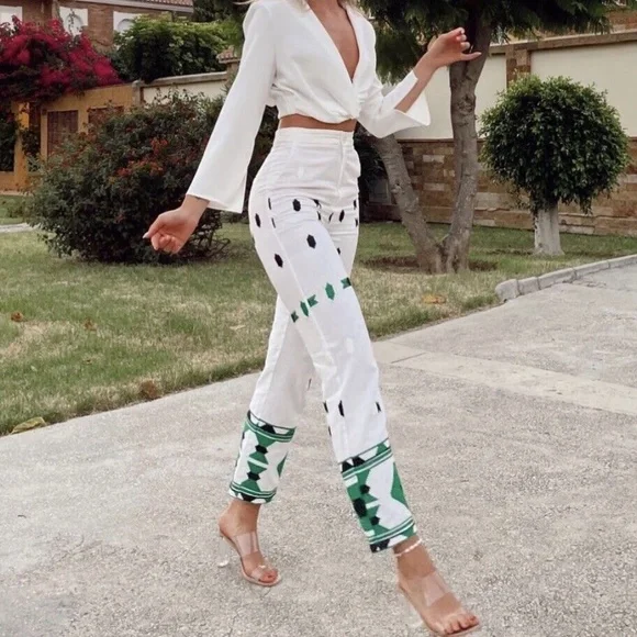 ZARA White Geometric Embroidered Linen Blend‎ Pants NWT