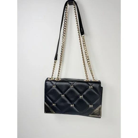 ALDO Quilted Crossbody Bag Black Gold Chain‎ Strap Shoulder Purse One Size