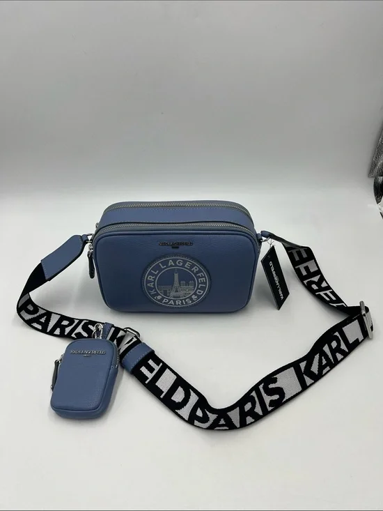 Karl Lagerfeld Perforated Logo Blue Leather Camera Bag with Branded Strap