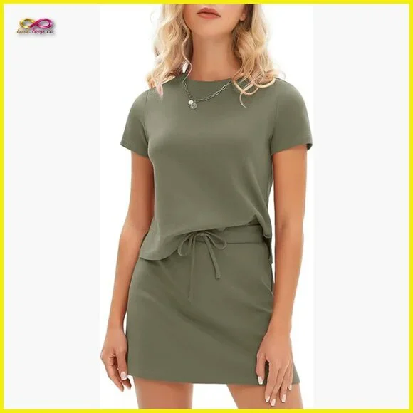 Cotton Athletic Tennis Skort Set Short Sleeve T-Shirt Matching Workout Outfit