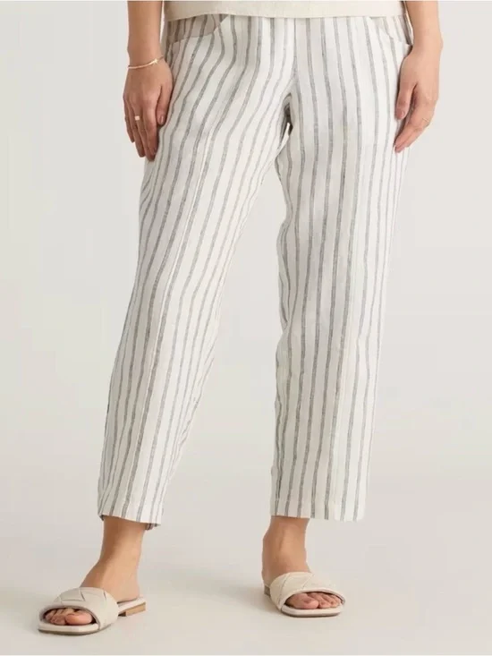Quince Oatmeal Black Stripe 100% European Linen Tapered Ankle Pants Sz XL