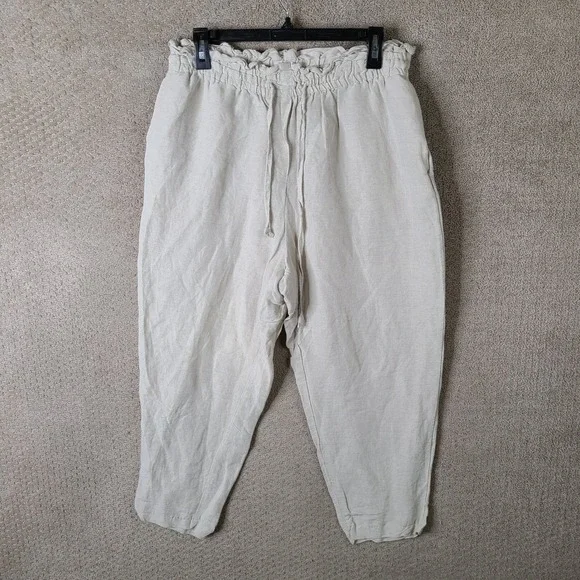 H&M‎ Pants Womens L Beige Linen Blend Paperbag Waist Drawstring Cropped Casual