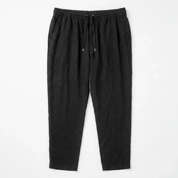 H&M Linen Pants Women Black Elastic Waist Drawstring Casual Lightweight Trousers