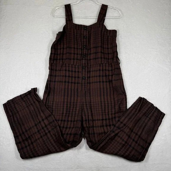 Everlane Brown Plaid Linen Button Front Sleeveless Jumpsuit Size 2 Dark Academia
