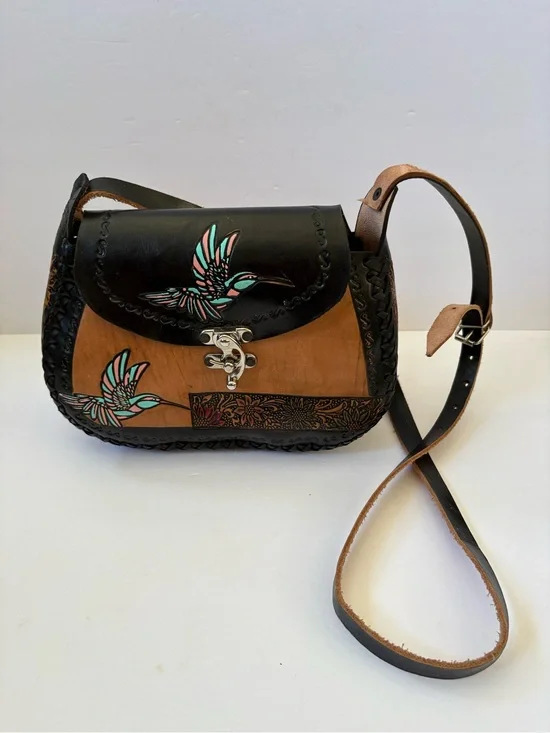 Mexican Leather Crossbones Bag Hand Crafted Tooled Hummingbird Brown Black Artsy