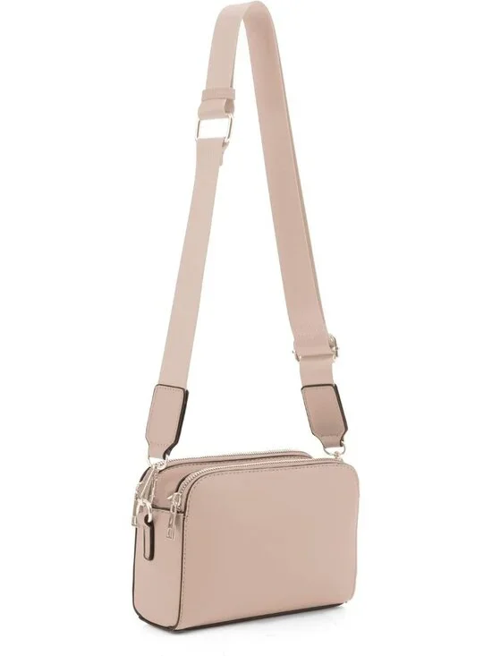 Women's Neutral  Trendy Triple Zip Small Crossbody Bag Purse with Guitar Strap