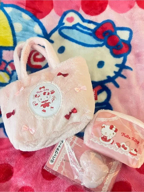 Hello Kitty Pink Plush Bow Handbag and Matching Pouch Set and Dangler