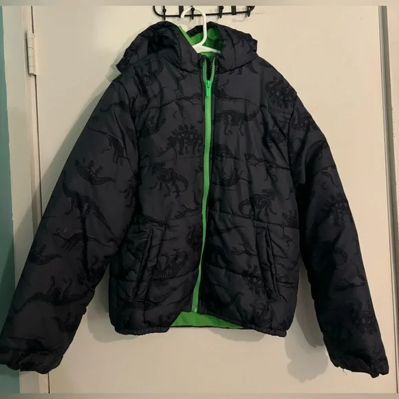 Carter's Classic & Unique Boys Gray Green Dinosaur Winter Coat‎ Size 10 Hooded