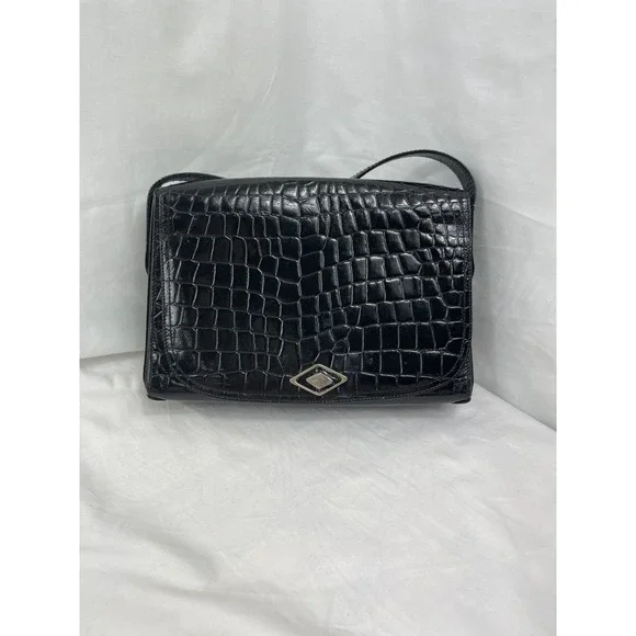Vintage Crocodile Leather Handbag with ,Gold Hardware,Leather Inside, Black‎