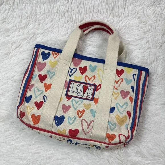 Brighton Red White & You Mini Tote Hearts LOVE Patch Crossbody Canvas Bag