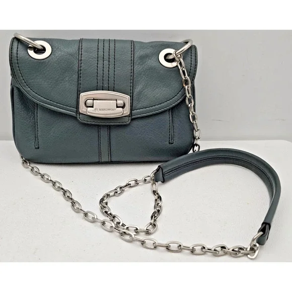 B. Makowski Genuine Leather Green Crossbody Bag - silver/leather Chain Strap