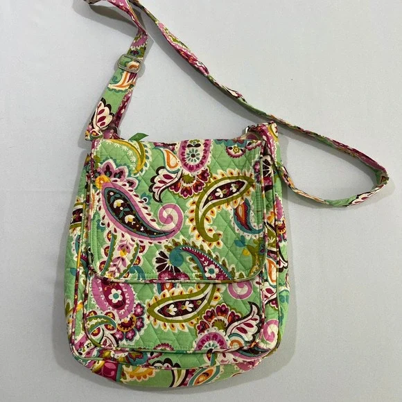 Vera Bradley Tutti Frutti Mailbag Crossbody Bag Quilted Green Pink Paisley