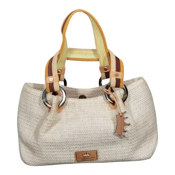 Elaine Turner Beige Woven Straw Handbag‎ with Multicolor Double Handle