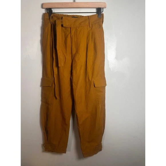 Banana Republic Petite 4 Tencel Linen Cargo Pants Mustard Yellow Belted Utility