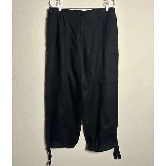 Zara 100% Linen Black high rise cropped pants with ties size large