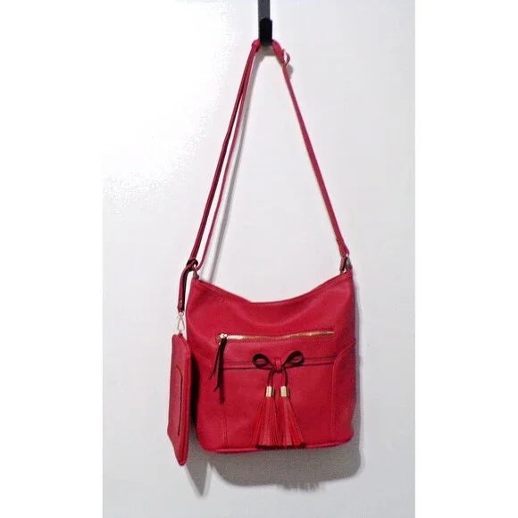 Red With Fringe Shoulder‎ Bag with Gold Accents and Detachable Change Purse Zip