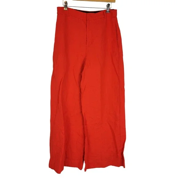 Zara Woman High Rise Wide Leg 100% Linen Pants Red Size Large Lagenlook