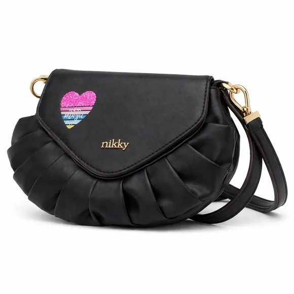 Nikky By Nicole Lee NK12336 Black Ruffle Crossbody Bag Vegan Leather NWT.