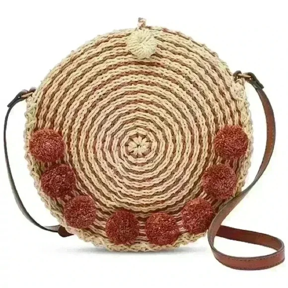 NWT Fossil Faye Baked Clay Round Straw Boho Crossbody