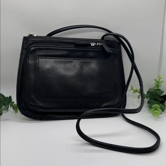 Fossil Black Leather Crossbody with Front Pocket