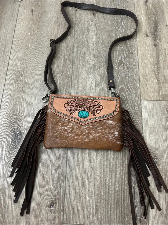 American Darling Hand Tooled Hair On Leather Crossbody Bag Purse Turquoise