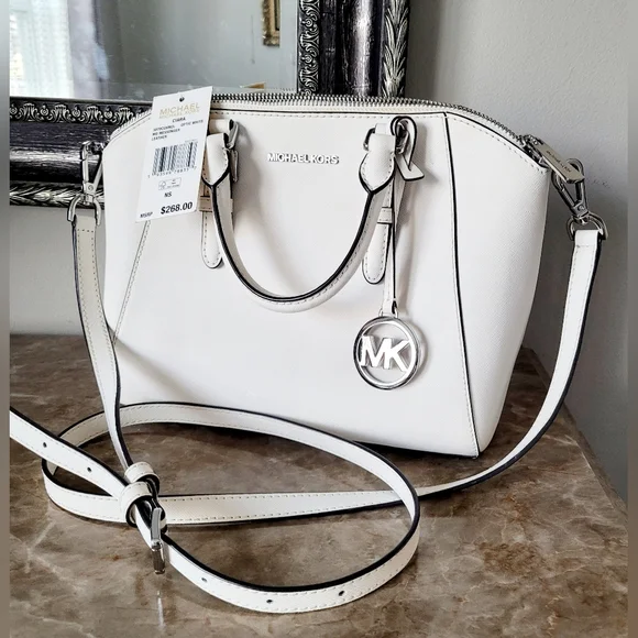 Michael Kors Ciara Optic White Crossbody/Satchel Silver Logo Medium 11