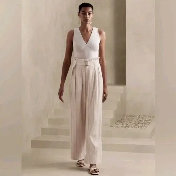 NWT Banana Republic Sz 12 Wide Leg Pleated Linen Blend Paperbag High Rise Pants